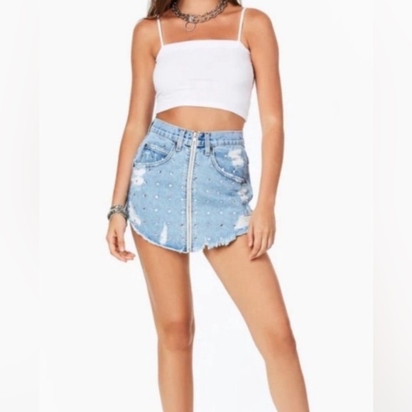 Carmar Los Angeles Belinda Rhinestone Mini jeans Skirt Size 26 - Picture 2 of 13